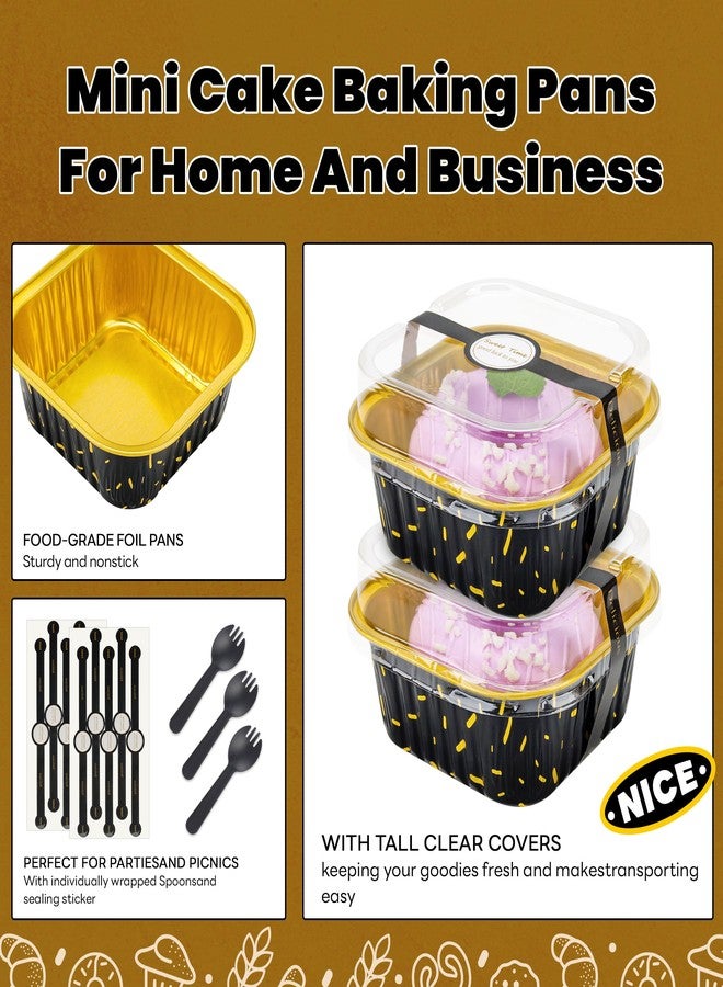 NPLUX 50 Pack Mini Cake Pans with Lids and Spoons Aluminum Foil Pans Square Cake Tins for Bakery Party Wedding (Black Gold Spot,5 oz) - Image 5