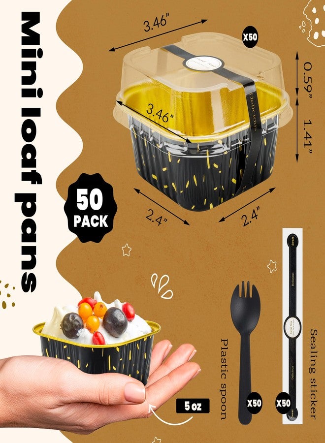 NPLUX 50 Pack Mini Cake Pans with Lids and Spoons Aluminum Foil Pans Square Cake Tins for Bakery Party Wedding (Black Gold Spot,5 oz) - Image 3