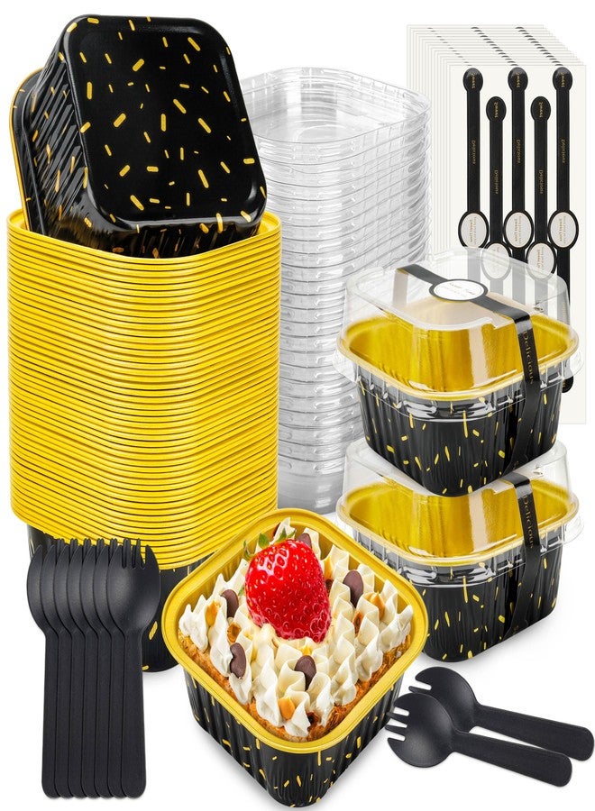 NPLUX 50 Pack Mini Cake Pans with Lids and Spoons Aluminum Foil Pans Square Cake Tins for Bakery Party Wedding (Black Gold Spot,5 oz) - Image 1