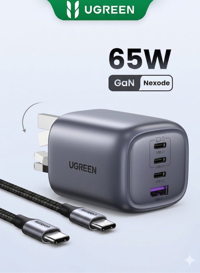 يو جرين ن UGREEN Nexode رباعي المنافذ بقدرة 65 واط بمنفذ USB-C مع كابل بقدرة 100 واط، قابل للطي، مزود بمقبس شحن سريع من النوع C، ومحول شحن GaN، متوافق مع Galaxy S26 وMacBook وLenovo وiPad و 65W 3C1A With Cable - Image 1