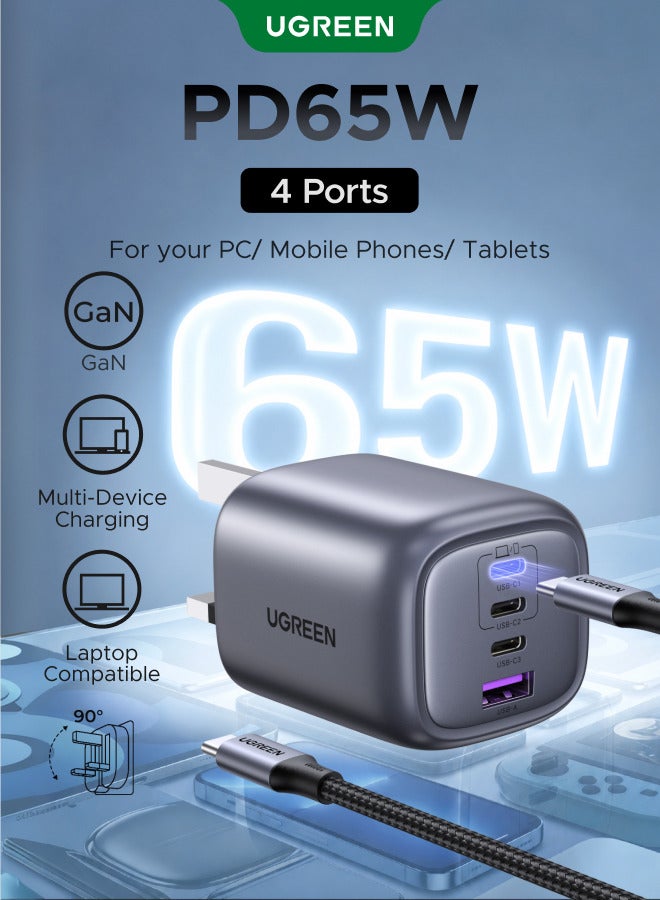 UGREEN Nexode 4-Port 65W USB C Charger with 100W Cable,Foldable Type-C Fast Wall Charge Plug GaN Laptop Charging Adapter Compatible for Galaxy S25U,MacBook Air,HP/Dell/Lenovo,iPad,iPhone 17 Pro Max 65W 3C1A With Cable - Image 1
