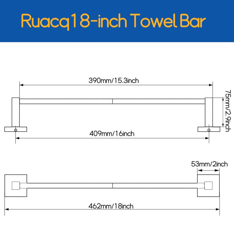 Ruacq Matte Black 16 Inch Single Towel Bar Square Bath Towel Holders Bathroom Towel Rack SUS304 Stainless Steel Modern Wall Mounted  Total Length 18 inch - Image 2