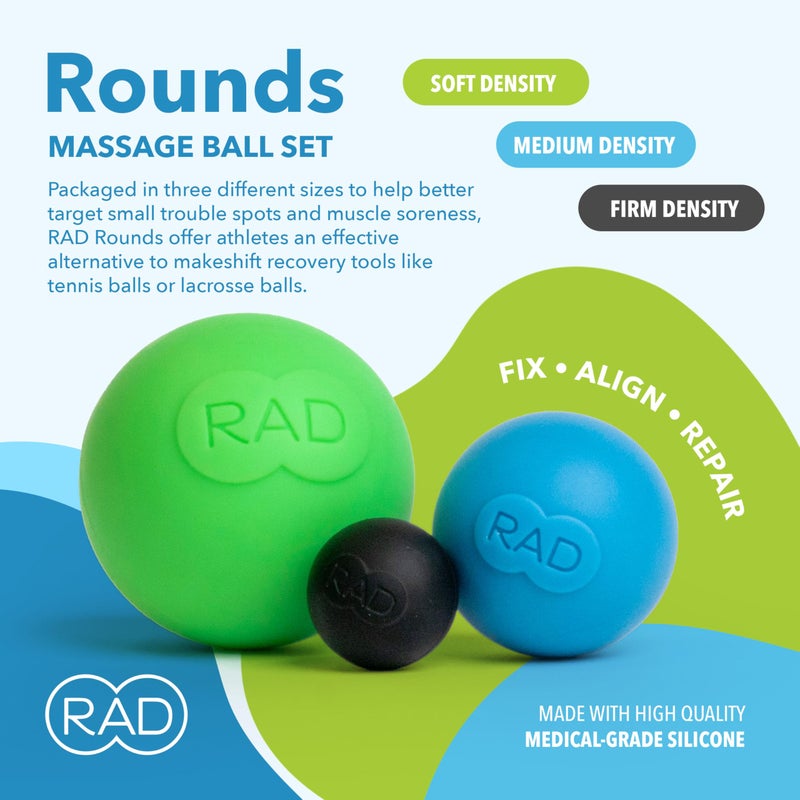 RAD Rounds â€“ 3 Density Yoga Massage Ball Set for Deep Tissue Myofascial Release â€“ Therapy Balls for Feet, Back, Neck, Jaw & Forearms â€“ Trigger Point & Mobility Therapy (3-Pack) - Image 2