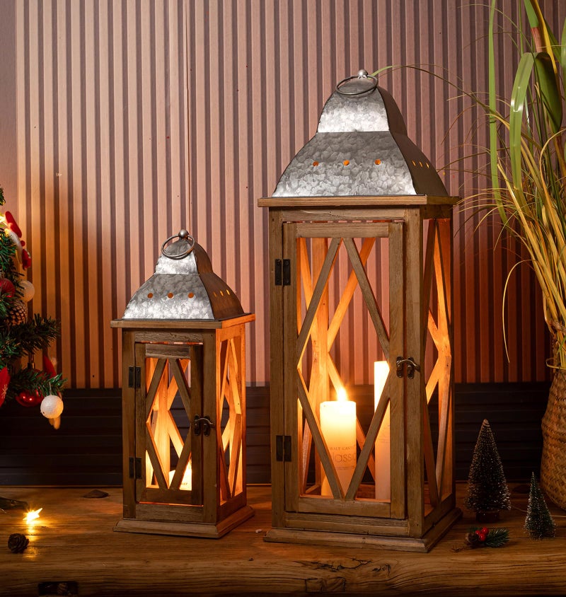 Venalys Large Farmhouse Wooden Metal Lantern Set of 2, Rustic Decorative Floor Candle Lanterns, Indoor/Outdoor Hanging Lanterns for Home Decor (No Glass) - Image 1
