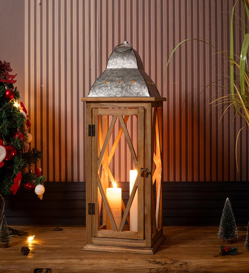 Venalys Large Farmhouse Wooden Metal Lantern Set of 2, Rustic Decorative Floor Candle Lanterns, Indoor/Outdoor Hanging Lanterns for Home Decor (No Glass) - Image 5
