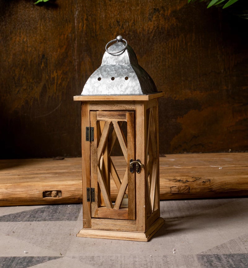 Venalys Large Farmhouse Wooden Metal Lantern Set of 2, Rustic Decorative Floor Candle Lanterns, Indoor/Outdoor Hanging Lanterns for Home Decor (No Glass) - Image 4