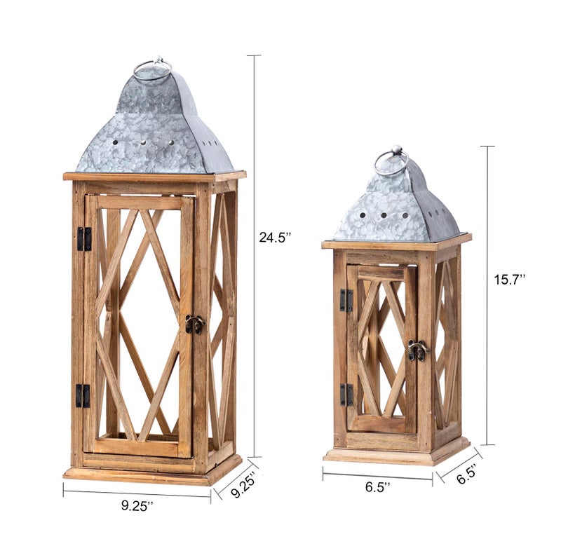 Venalys Large Farmhouse Wooden Metal Lantern Set of 2, Rustic Decorative Floor Candle Lanterns, Indoor/Outdoor Hanging Lanterns for Home Decor (No Glass) - Image 3