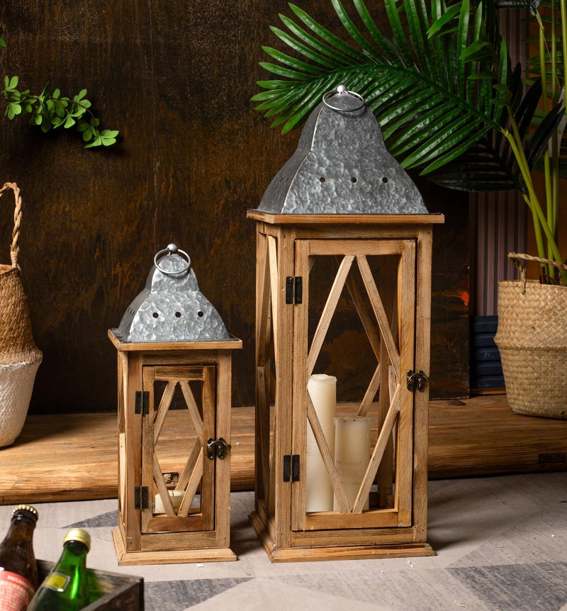 Venalys Large Farmhouse Wooden Metal Lantern Set of 2, Rustic Decorative Floor Candle Lanterns, Indoor/Outdoor Hanging Lanterns for Home Decor (No Glass) - Image 2