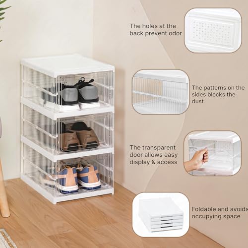 ABOUT SPACE Shoe Box- 3 Tier Transparent Shoe Rack for Home | Collapsible Organiser with Door-Foldable Sneaker Box | Slipper Stand for Men Women Heels Boots (PP Plastic - L 25.6 x B 34.5 x H 54 cm) - Image 5