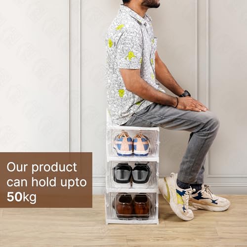 ABOUT SPACE Shoe Box- 3 Tier Transparent Shoe Rack for Home | Collapsible Organiser with Door-Foldable Sneaker Box | Slipper Stand for Men Women Heels Boots (PP Plastic - L 25.6 x B 34.5 x H 54 cm) - Image 3