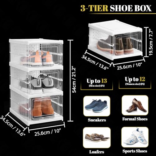 ABOUT SPACE Shoe Box- 3 Tier Transparent Shoe Rack for Home | Collapsible Organiser with Door-Foldable Sneaker Box | Slipper Stand for Men Women Heels Boots (PP Plastic - L 25.6 x B 34.5 x H 54 cm) - Image 2
