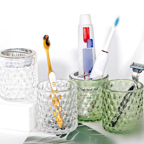 Fvstar 2pcs Toothbrush Holders for Bathrooms,Glass Toothbrush Holder and Bathroom Tumbler Set,Toothbrush and Toothpaste Holder with Divider,Bathroom Toothbrush Cup Holder (Clear and Silver) - Image 4