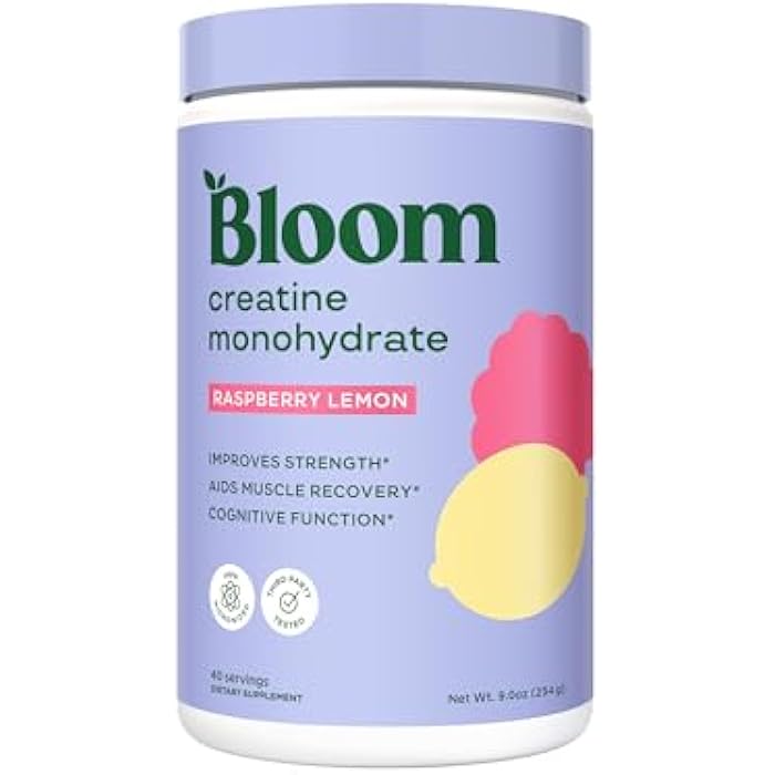 Bloom Nutrition Creatine Monohydrate Powder, 5g Micronized Creatine per Serving, Supports Muscle Recovery, Strength, Endurance, Pre or Post Workout, Gluten Free, Non GMO, Raspberry Lemon, 40 SVG, 9 oz - Image 1