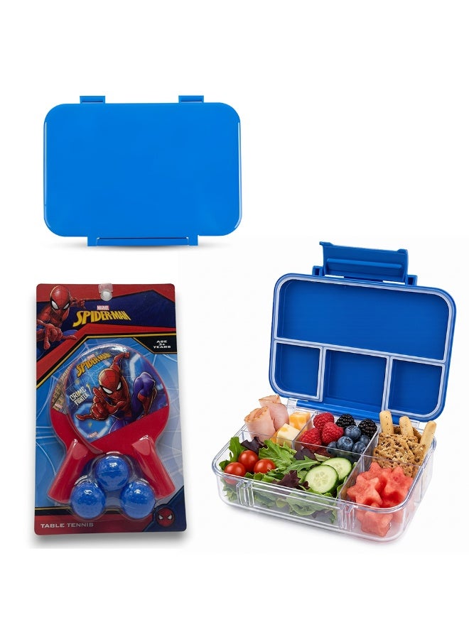 COCOBEE-Tritan Bento Lunch Box, BPA Free, 4 Compartments, Leakproof,  Design – Blue +Marvel Spider-Man Paddle Ball Set with 3 Balls - Image 1