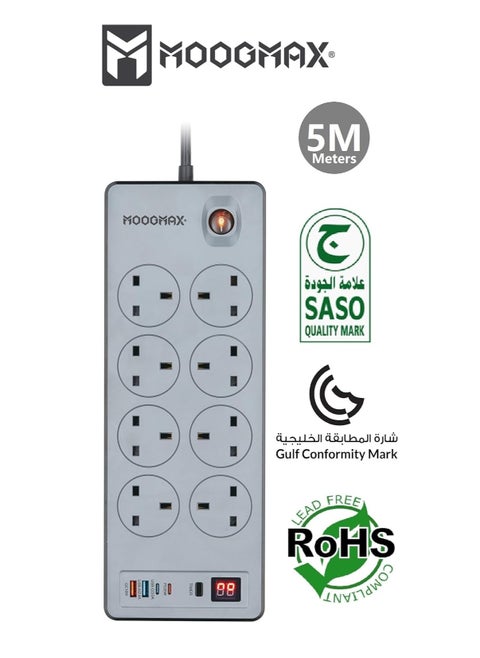BERTA Multiple cord Extension 2990W, with eight-socket, two Type-C ports support fast charging up to 20W and two USB-A ports compatible with most devices, an electrical strip equipped with an automatic shut-off timer (For Type-C and USB ports only, power outlets are not included) and an on/off button, a fire-safe socket up to 750 C, certified with quality and safety (SASO, GCC and RoHS) certificates. 5 meters long. From Moogmax