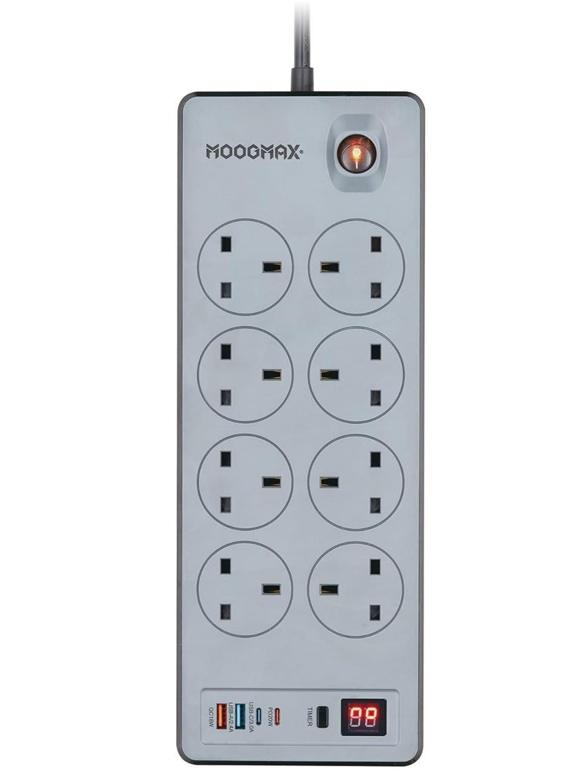 MOOGMAX - BERTA Multiple cord Extension 2990W, with eight-socket, two Type-C ports support fast charging up to 20W and two USB-A ports compatible with most devices, an electrical strip equipped with an automatic shut-off timer (For Type-C and USB ports only, power outlets are not included) and an on/off button, a fire-safe socket up to 750 C, certified with quality and safety (SASO, GCC and RoHS) certificates. 5 meters long. From Moogmax - Image 1