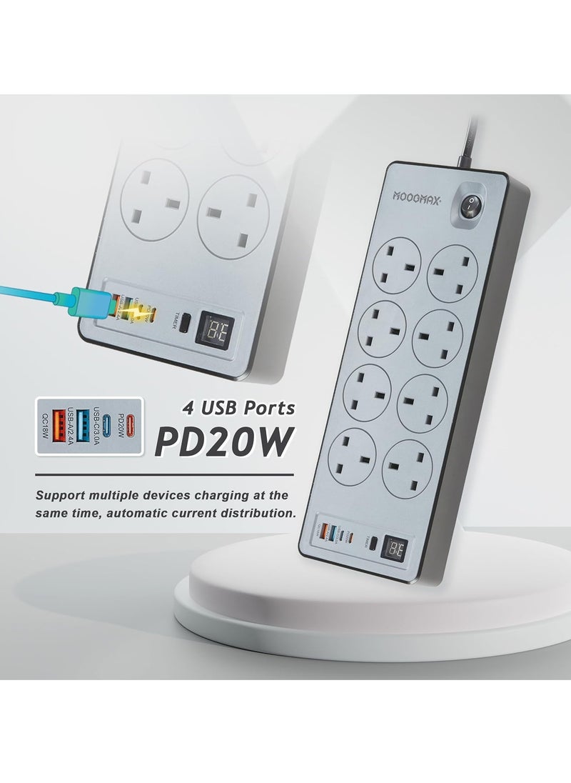 MOOGMAX - BERTA Multiple cord Extension 2990W, with eight-socket, two Type-C ports support fast charging up to 20W and two USB-A ports compatible with most devices, an electrical strip equipped with an automatic shut-off timer (For Type-C and USB ports only, power outlets are not included) and an on/off button, a fire-safe socket up to 750 C, certified with quality and safety (SASO, GCC and RoHS) certificates. 5 meters long. From Moogmax - Image 1