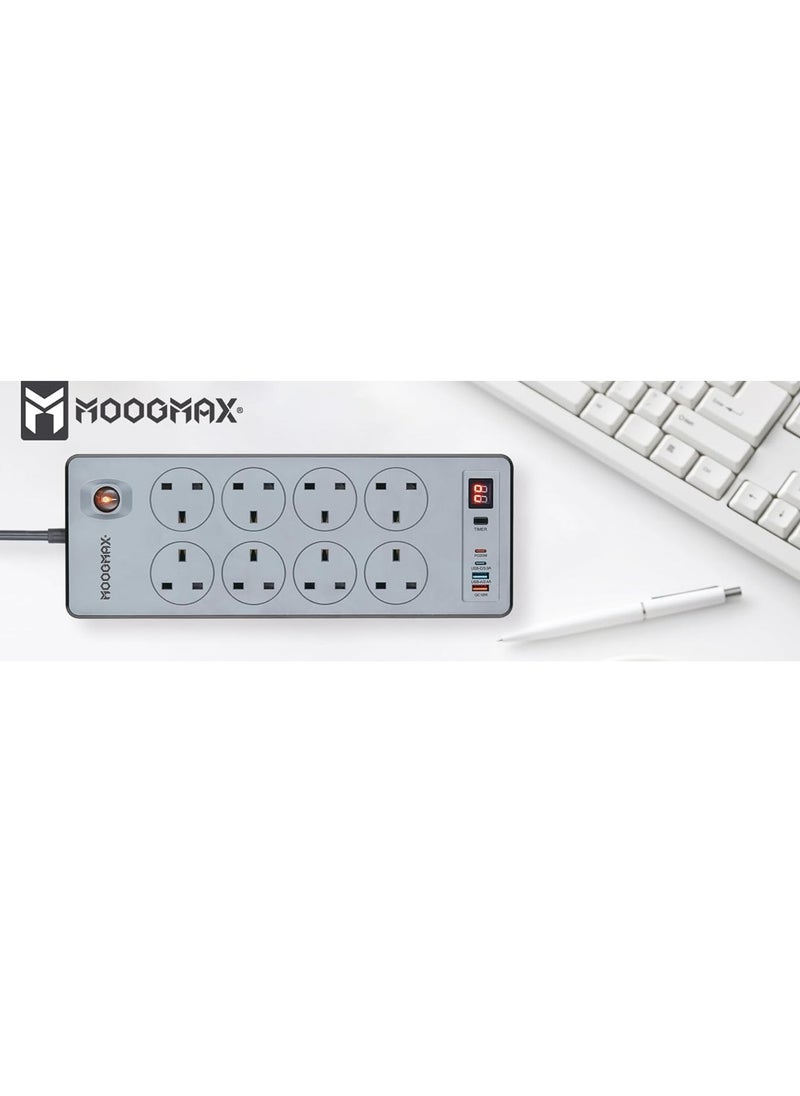 MOOGMAX - BERTA Multiple cord Extension 2990W, with eight-socket, two Type-C ports support fast charging up to 20W and two USB-A ports compatible with most devices, an electrical strip equipped with an automatic shut-off timer (For Type-C and USB ports only, power outlets are not included) and an on/off button, a fire-safe socket up to 750 C, certified with quality and safety (SASO, GCC and RoHS) certificates. 5 meters long. From Moogmax - Image 1