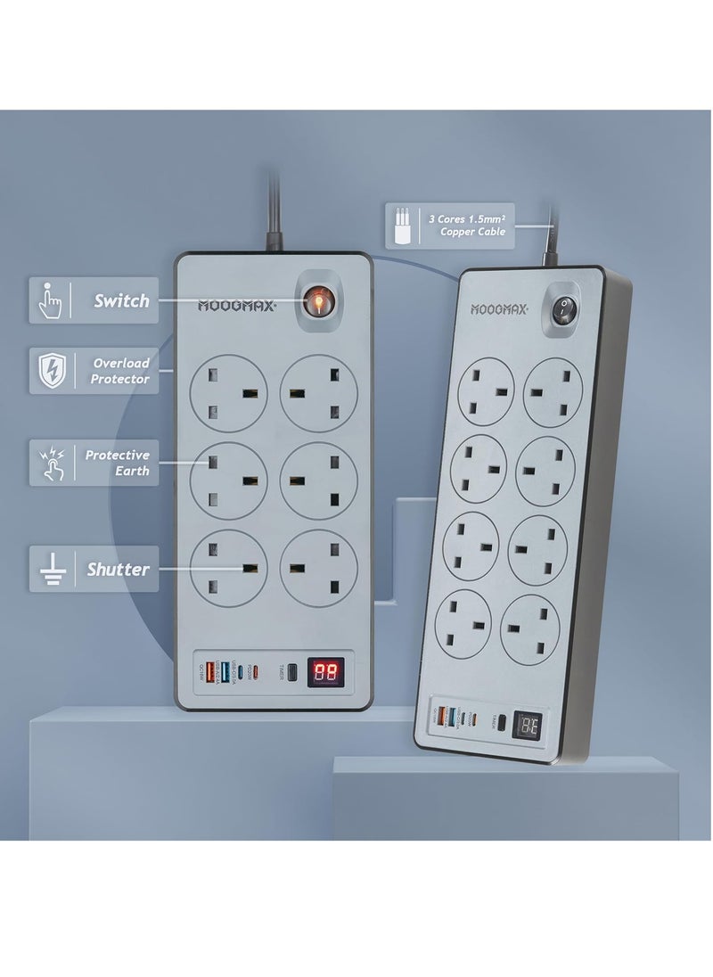 MOOGMAX - BERTA Multiple cord Extension 2990W, with eight-socket, two Type-C ports support fast charging up to 20W and two USB-A ports compatible with most devices, an electrical strip equipped with an automatic shut-off timer (For Type-C and USB ports only, power outlets are not included) and an on/off button, a fire-safe socket up to 750 C, certified with quality and safety (SASO, GCC and RoHS) certificates. 5 meters long. From Moogmax - Image 1