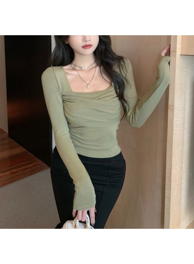 Sexy Square Collar Long Sleeve T-Shirt Women's  Spring New Slim-fit Short Tight Base Shirt Inner Top
