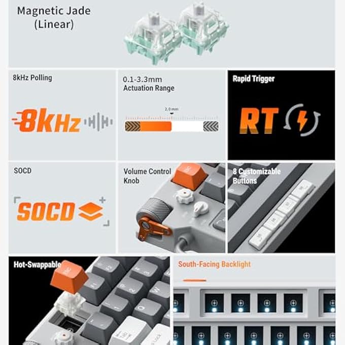 rayihni لوحة مفاتيح الألعاب FIELD75 HE مع مفتاح مغناطيسي، لوحة مفاتيح سلكية، 83 مفتاح، لوحة مفاتيح للألعاب على الكمبيوتر، تحكم في مستوى الصوت بعجلة واحدة، حساسات هول، تفعيل قابل للتعديل، زر سريع - مفتاح مغناطيسي من اليشم - Image 2