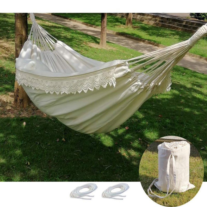LVOPO Brazilian Boho Large Fringe Swing Bed  Portable 2 Person Hammock for Patio Porch Backyard Indoor with Carrying Bag Tree Hammock  Soft Cotton Fabric White 