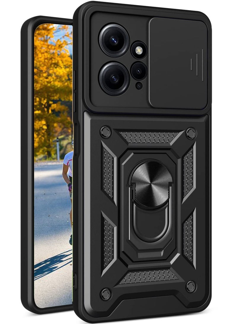 Excefore Military Grade Heavy Duty Shockproof Case for Redmi Xiaomi Redmi Note 12 4G (Not 5G), Sliding Window Lens Protective Phone Cover, with Swivel Stand Phone Cover, for Redmi Note 12 4G (Black) - Image 1