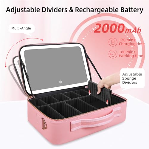 Suupvaor Upgraded Large Travel Makeup Bag with LED Mirror, 15” Professional Makeup Case with 3 Color Modes Dimming Lighted Mirror, Light up Cosmetic Make up Organizer with PU Leather Cover, Adjustable Dividers - Image 5