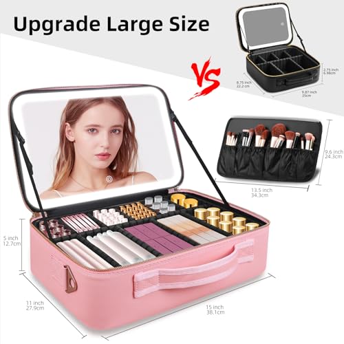 Suupvaor Upgraded Large Travel Makeup Bag with LED Mirror, 15” Professional Makeup Case with 3 Color Modes Dimming Lighted Mirror, Light up Cosmetic Make up Organizer with PU Leather Cover, Adjustable Dividers - Image 2