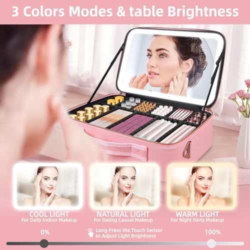 Suupvaor Upgraded Large Travel Makeup Bag with LED Mirror, 15” Professional Makeup Case with 3 Color Modes Dimming Lighted Mirror, Light up Cosmetic Make up Organizer with PU Leather Cover, Adjustable Dividers - Image 3