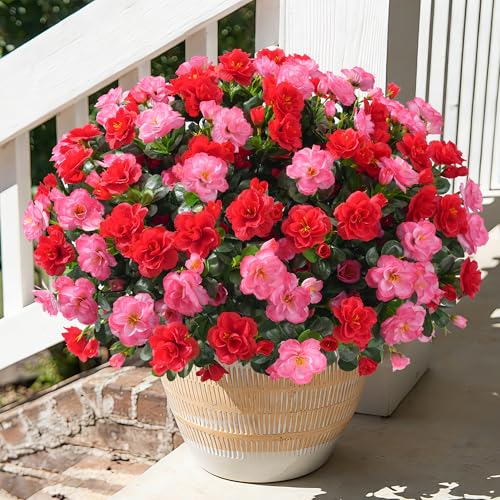 HyeFlora Artificial Faux Outdoor Flowers Plants for Spring Summer Decoration Fake Silk Camellia UV Resistant Look Real for Planter Outside Front Door Porch Patio Balcony 3 Large Bundles Melon RedRed - Image 1