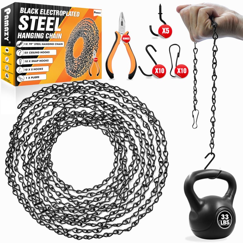 PAMAZY Upgraded 79 Black Electroplated Steel Hanging Chain with SHooks Snap Hooks Ceiling Hooks Pliers 33LBS Load Capacity Adjustable Length for Hanging Bird Feeders Planters Lanterns Billboards - Image 2
