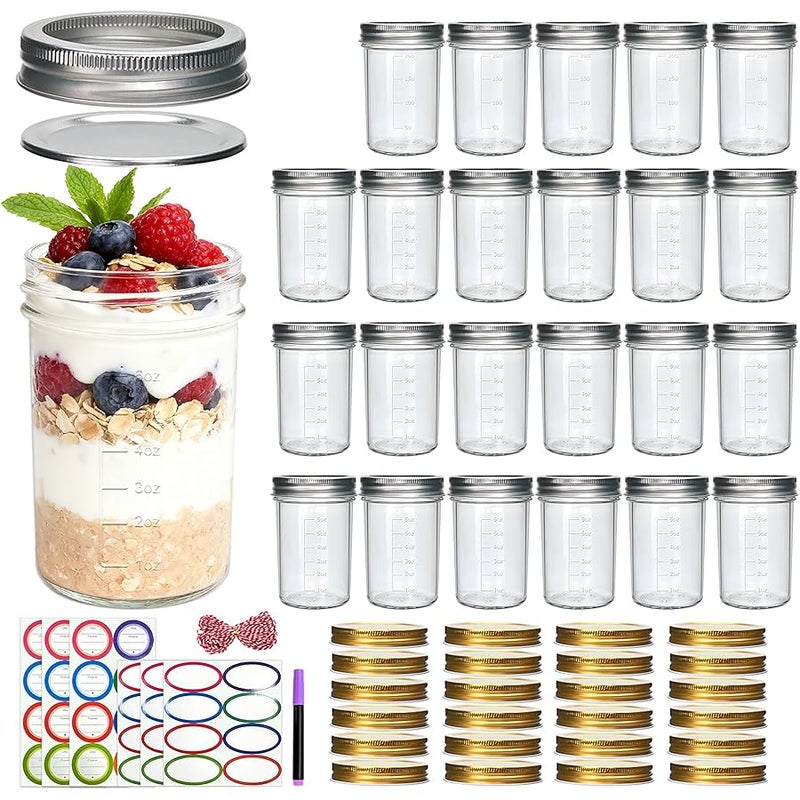 Datttcc Mason Jars 8oz, Canning jars, Half Pint Canning Jars with Regular Airtight Lids,Jelly Jars with Labels, Sponge Brush, Pen, Red Hemp Rope, 24 Pack - Image 1