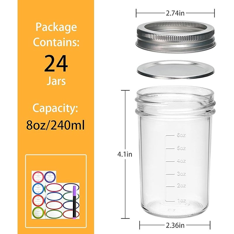 Datttcc Mason Jars 8oz, Canning jars, Half Pint Canning Jars with Regular Airtight Lids,Jelly Jars with Labels, Sponge Brush, Pen, Red Hemp Rope, 24 Pack - Image 2