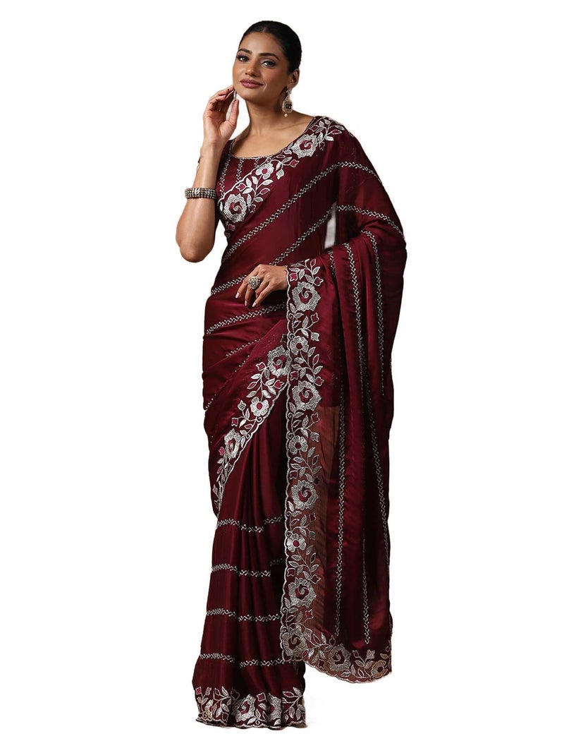 SAREE MALL Women's Burgundy Satin Silk Floral Printed Saree With Unstitched Blouse Piece (ANIKA1204_AG) - Image 1