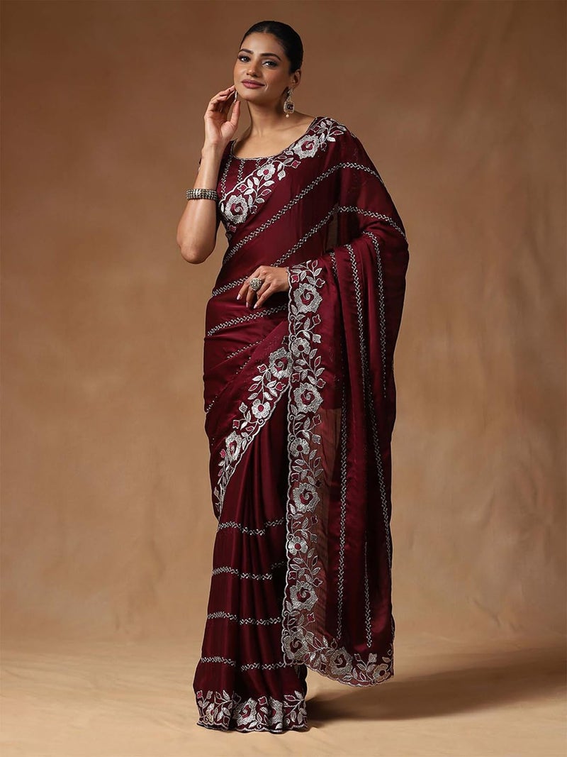 SAREE MALL Women's Burgundy Satin Silk Floral Printed Saree With Unstitched Blouse Piece (ANIKA1204_AG) - Image 3