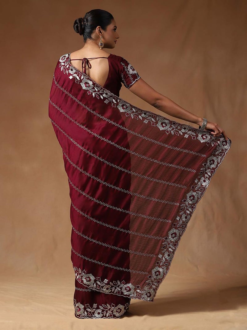 SAREE MALL Women's Burgundy Satin Silk Floral Printed Saree With Unstitched Blouse Piece (ANIKA1204_AG) - Image 2