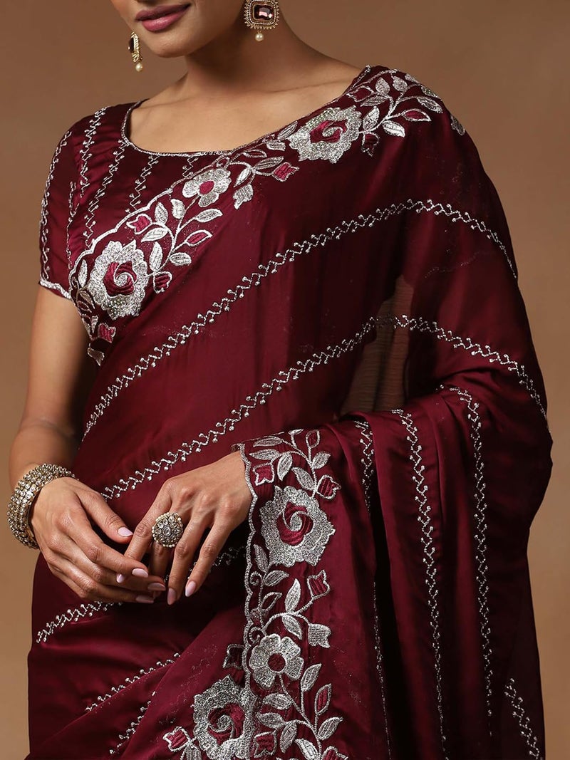 SAREE MALL Women's Burgundy Satin Silk Floral Printed Saree With Unstitched Blouse Piece (ANIKA1204_AG) - Image 5