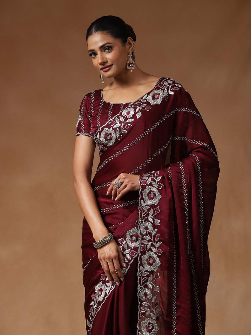 SAREE MALL Women's Burgundy Satin Silk Floral Printed Saree With Unstitched Blouse Piece (ANIKA1204_AG) - Image 4