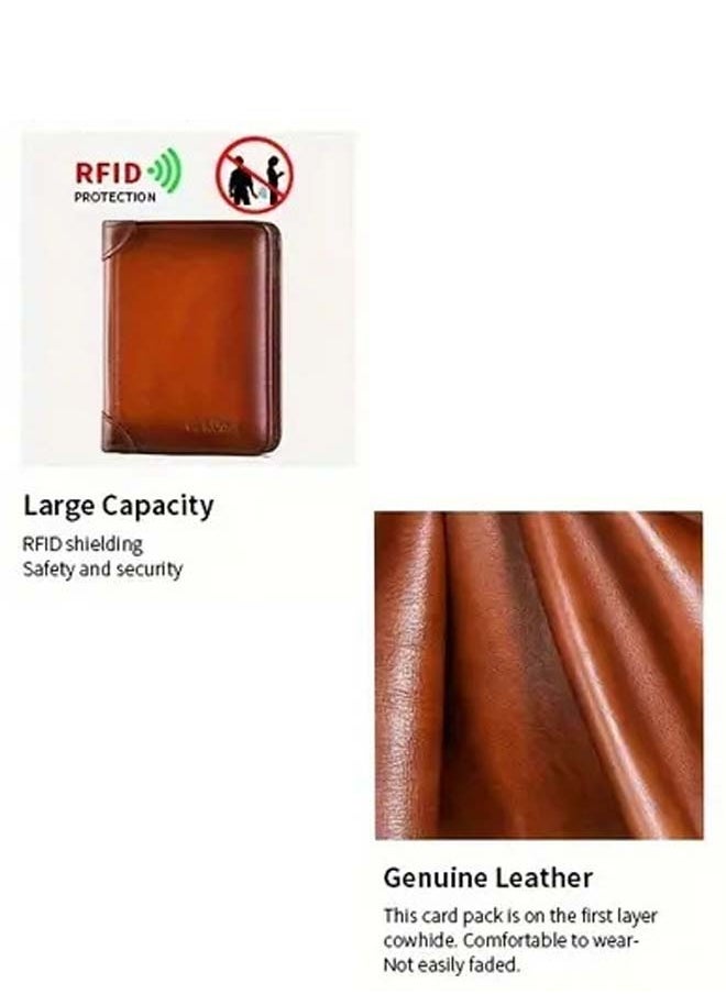 Men's Vintage Top Layer Cowhide Rfid Blocking Wallet, Thin Short Multi Function ID Credit Wallet Card Bag Multi-functional Gradient, Father's Day Gift，Premium Leather Wallet for Men – RFID Blocking, Minimalist Design, Card & Money Holder, Durable, Multi-Card Capacity,Leather Men's Wallet with Coin Pocket, RFID Blocking Slim Trifold Credit Card Wallet with ID Window