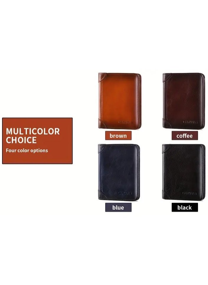 Men's Vintage Top Layer Cowhide Rfid Blocking Wallet, Thin Short Multi Function ID Credit Wallet Card Bag Multi-functional Gradient, Father's Day Gift，Premium Leather Wallet for Men – RFID Blocking, Minimalist Design, Card & Money Holder, Durable, Multi-Card Capacity,Leather Men's Wallet with Coin Pocket, RFID Blocking Slim Trifold Credit Card Wallet with ID Window