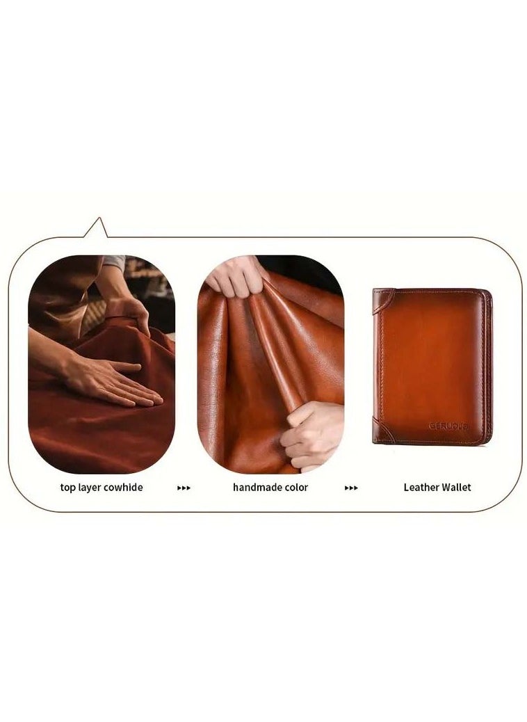 Men's Vintage Top Layer Cowhide Rfid Blocking Wallet, Thin Short Multi Function ID Credit Wallet Card Bag Multi-functional Gradient, Father's Day Gift，Premium Leather Wallet for Men – RFID Blocking, Minimalist Design, Card & Money Holder, Durable, Multi-Card Capacity,Leather Men's Wallet with Coin Pocket, RFID Blocking Slim Trifold Credit Card Wallet with ID Window