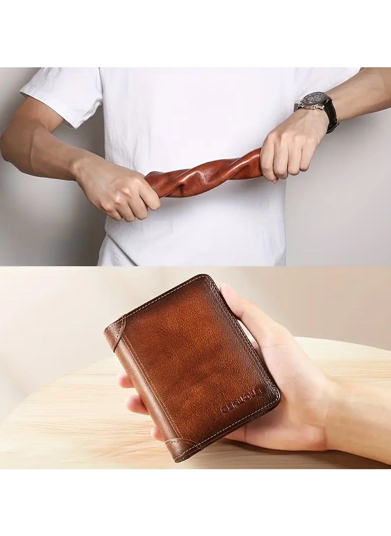 Men's Vintage Top Layer Cowhide Rfid Blocking Wallet, Thin Short Multi Function ID Credit Wallet Card Bag Multi-functional Gradient, Father's Day Gift，Premium Leather Wallet for Men – RFID Blocking, Minimalist Design, Card & Money Holder, Durable, Multi-Card Capacity,Leather Men's Wallet with Coin Pocket, RFID Blocking Slim Trifold Credit Card Wallet with ID Window