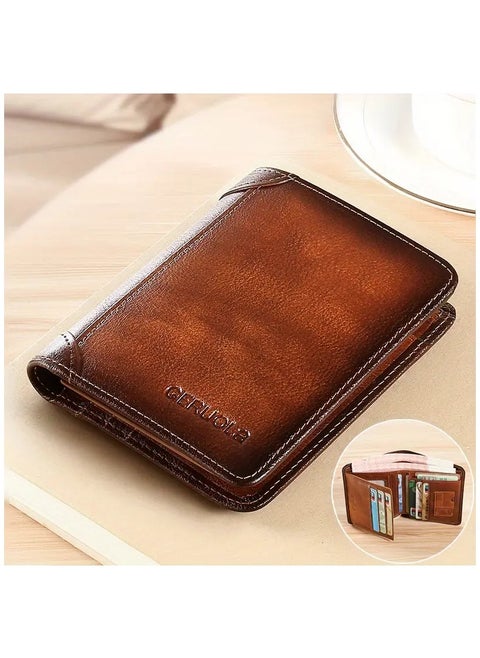 Men's Vintage Top Layer Cowhide Rfid Blocking Wallet, Thin Short Multi Function ID Credit Wallet Card Bag Multi-functional Gradient, Father's Day Gift，Premium Leather Wallet for Men – RFID Blocking, Minimalist Design, Card & Money Holder, Durable, Multi-Card Capacity,Leather Men's Wallet with Coin Pocket, RFID Blocking Slim Trifold Credit Card Wallet with ID Window