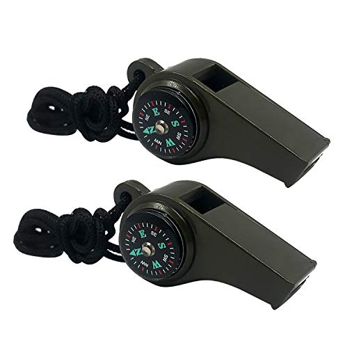MeiNvShe 2 Pack Emergency Survival Whistle, 3-in-1 Emergency Whistles with Compass and Thermometer, Loud Safety Whistle with Lanyard for Outdoor Hiking (Green) - Image 1