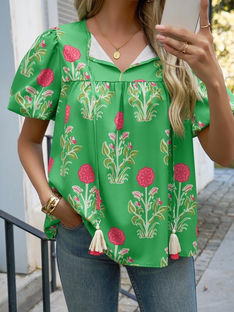 Cicy Bell Womens Boho Floral Blouses Short Puff Sleeve V Neck Babydoll Shirts Flowy Tie Front Tops Green - Image 2