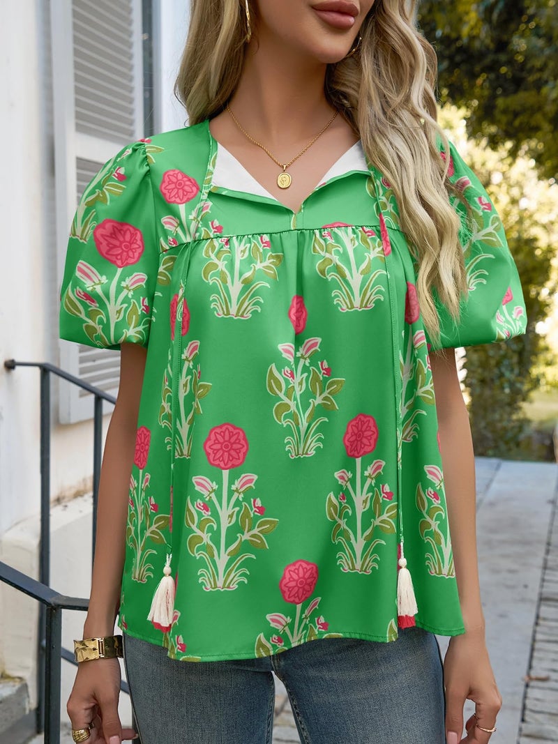 Cicy Bell Womens Boho Floral Blouses Short Puff Sleeve V Neck Babydoll Shirts Flowy Tie Front Tops Green - Image 4