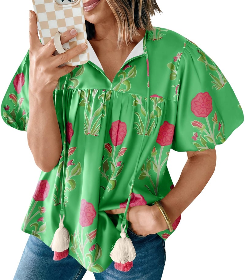 Cicy Bell Womens Boho Floral Blouses Short Puff Sleeve V Neck Babydoll Shirts Flowy Tie Front Tops Green - Image 1