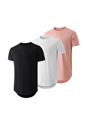 JMIERR Men's 3 Pack Cotton Hipster Hip Hop Longline Crewneck T-Shirt, Short Sleeve Gym Workout Athletic T Shirts for Men Pack,L, Black/White/Pink - Image 1