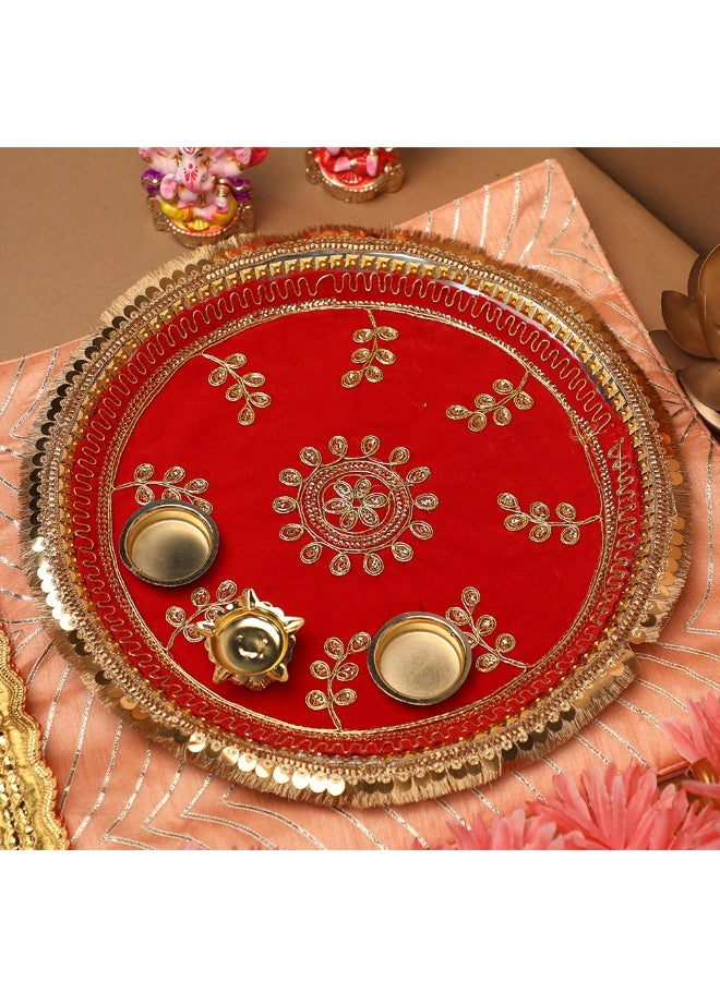 Madhoor Embroidered Red Decorative Pooja Thali for Pooja, Aarti, Diwali, Raksha Bandhan & Religious Ceremonies, 13 cm, 1 Piece - Image 1